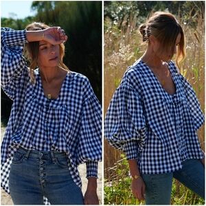 House of Lacuna Gingham Cotton Yarn Dyed Blouse Oversized M/L Black White